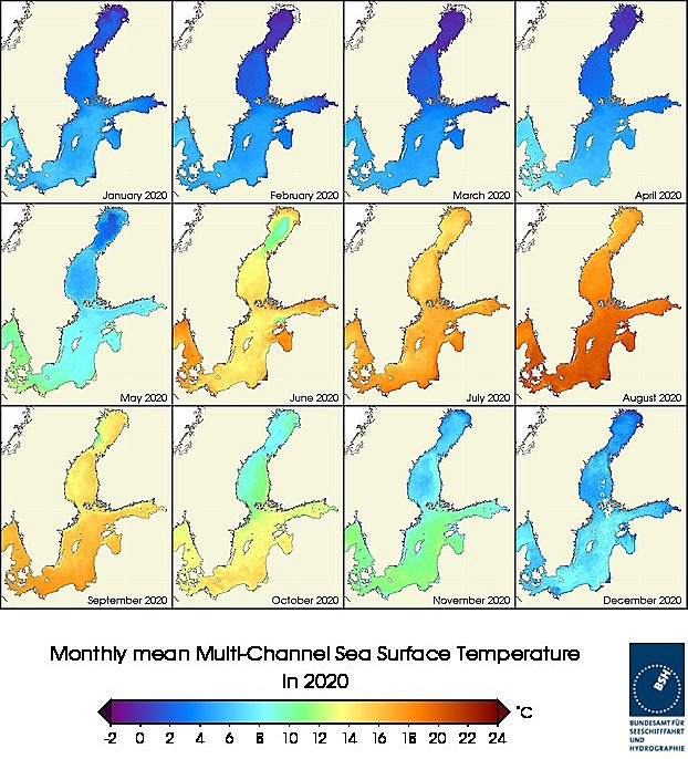 Monats-Temperaturkarten des Jahres 2020