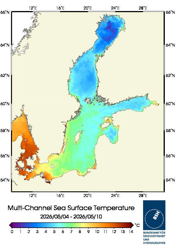 Wasseroberfl&auml;chentemperatur- und Eiskarte der Ostsee